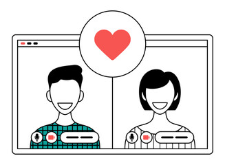 Online dating concept. Young people finding partners on dating website. Happy couple using computer for online video chat. Vector illustration for social media, love, romance concept