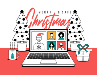 Christmas online greeting in outline style. people meeting online together with family or friends video calling on laptop virtual discussion. Group of people meeting via videoconference on xmas
