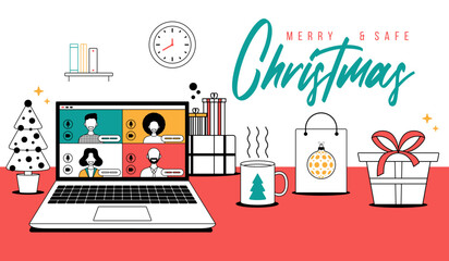 Christmas online greeting in outline style. people meeting online together with family or friends video calling on laptop virtual discussion. Group of people meeting via videoconference on xmas