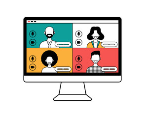 Online video conference concept. Illustration of Faces on Video Conference Call Screen. people connect together, learning or meeting online with teleconference
