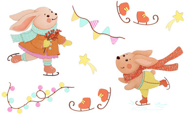Christmas and New year’s seamless pattern with cute skating bunnies and garlands, stars, skates. Merry Christmas!