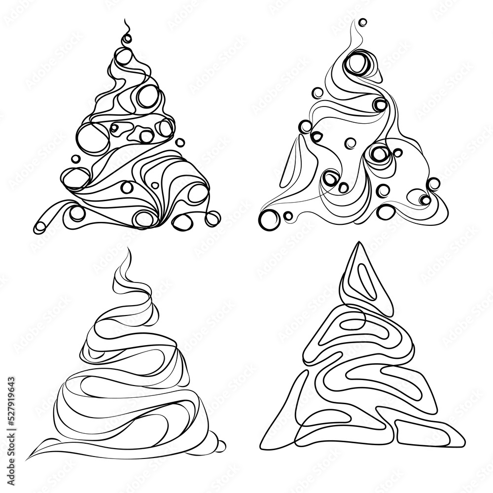 Poster set of christmas trees line art drawing vector design element.abstract christmas tree in doodle line