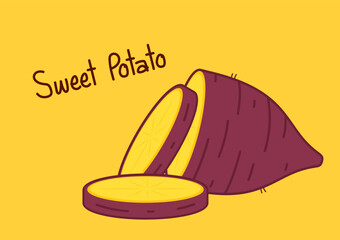 Roasted sweet potato. Roasted sweet potato on yellow background. Japanese Sweet potato. slice.