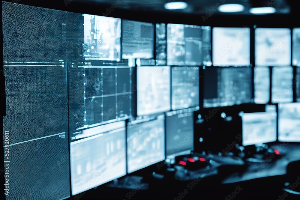 Poster Security control room with screens that display recordings from surveillance cameras. Security concept