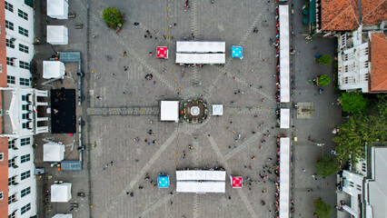 Aerial View of Fatahilah museum at Old City at Jakarta, Indonesia. With Jakarta cityscape and noise cloud when sunset.