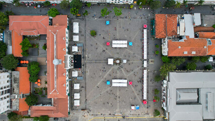 Aerial View of Fatahilah museum at Old City at Jakarta, Indonesia. With Jakarta cityscape and noise cloud when sunset.