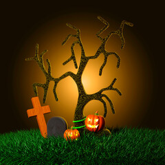 Halloween design with graveyard, naked trees, graves, and pumpkin 3d rendering.