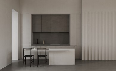 Minimalistic white kitchen interior design with sink, furniture, utensils and decor. Kitchen concrete tiles. Kitchen island with contemporary chairs. 3d rendering illustration mockup.