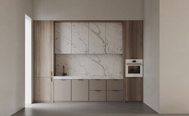 Minimalistic white kitchen interior design with sink, furniture, utensils and decor. Kitchen marble tiles.  3d rendering illustration mockup.