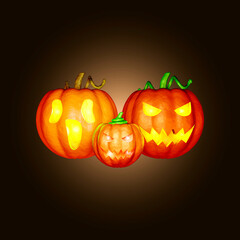 Halloween pumpkins smile and scary eyes.Eyes glowing inside three pumpkin 3D rendering 