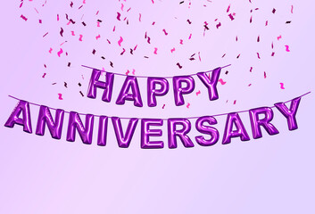 Happy anniversary lettering text with falling confetti 3d rendering.