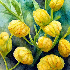 Watercolor painting with yellow ranunculus flowers closeup.