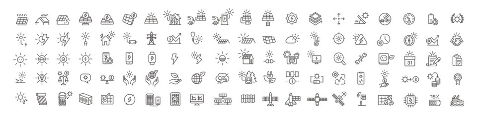Fototapeta 100 solar panel outline icon set with sun power photovoltaic (PV) home system and renewable electric energy technology editable stroke line signs: house, cell, battery, vehicle, spacecraft. obraz