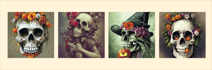 Foto auf Acrylglas Day of the dead skulls and flowers, vintage vector illustration set of four square posters. Vintage floral skull for autumn halloween holiday. © Павел Кишиков