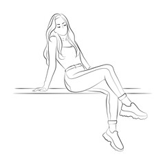 Vector illustration of a young woman sitting, in casual clothes.