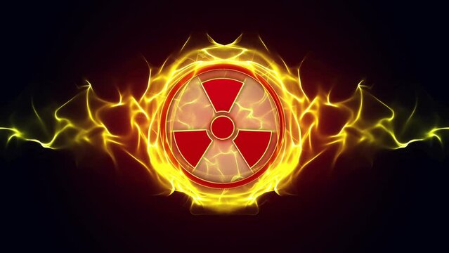 NUCLEAR Symbol in Particles Ring, Radiation Hazard Danger Symbols Animation
