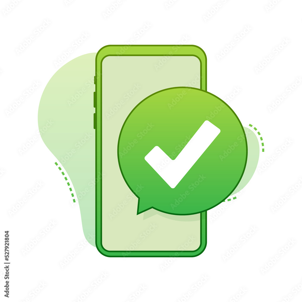 Poster smartphone with checkmark or tick notification in bubble. approved choice. accept or approve checkma