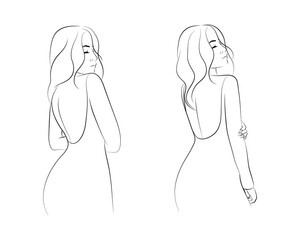 Vector illustration of a woman in an evening dress with an open back.