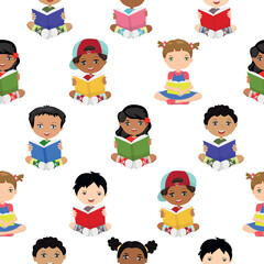 Obraz na płótnie Canvas Bright seamless pattern with children of different ethnicities and races who read books. Print for textile, wallpaper, covers, surface. For fashion fabric.