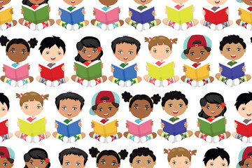 Bright seamless pattern with children who read books. Print for textile, wallpaper, covers, surface. For fashion fabric.