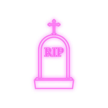 Grave icon flat design. Old gravestone with cracks. Neon style. Vector illustration.