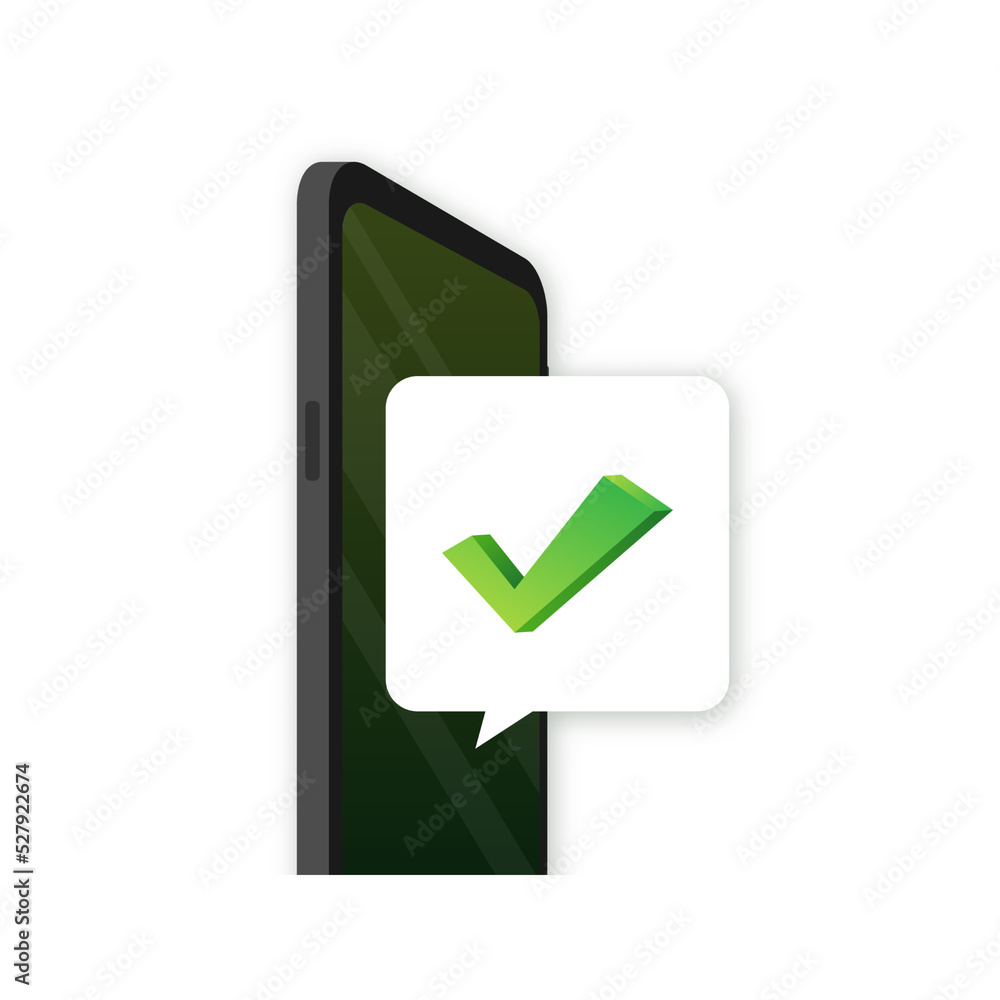 Poster hands holding smartphones with checkmarks set. tick and cross check marks. vector stock illustration