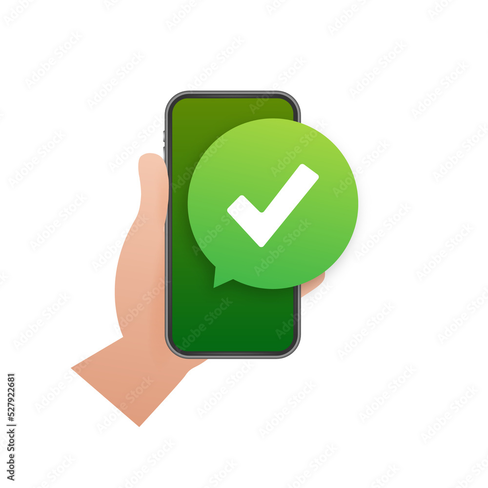 Poster hands holding smartphones with checkmarks set. tick and cross check marks. vector stock illustration