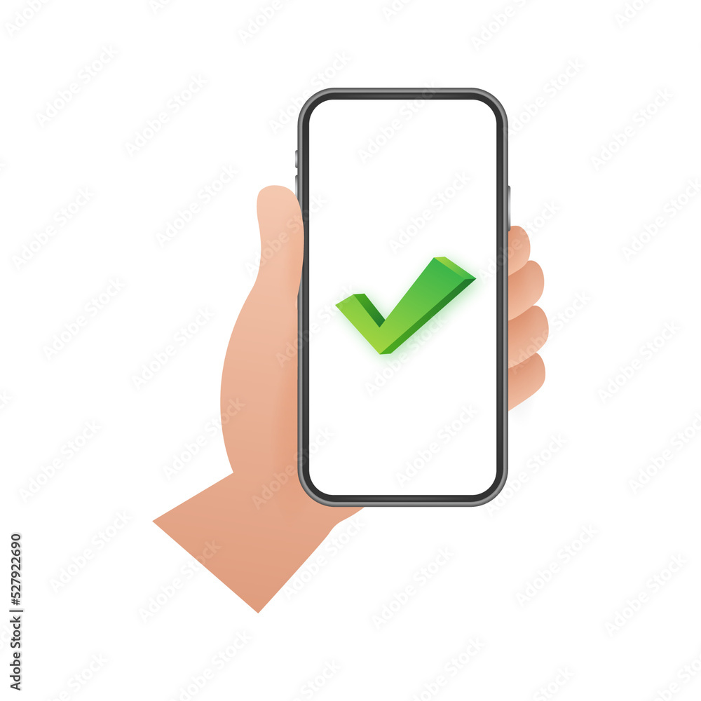 Poster hands holding smartphones with checkmarks set. tick and cross check marks. vector stock illustration