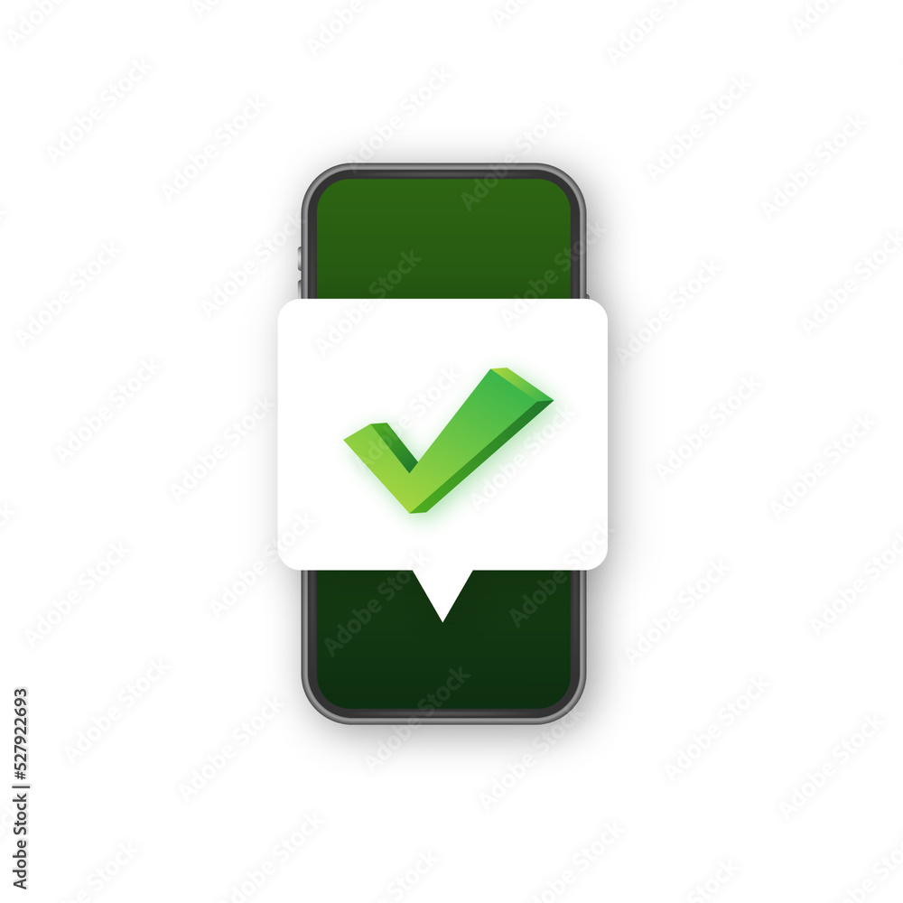 Poster hands holding smartphones with checkmarks set. tick and cross check marks. vector stock illustration