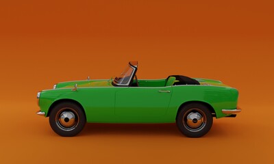 3d illustration, convertible old car, classic, green color, red background, 3d rendering