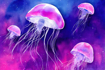 Fototapeta Illustration of jellyfish, watercolor style, bright purple and pink colors, space background, digital illustration obraz