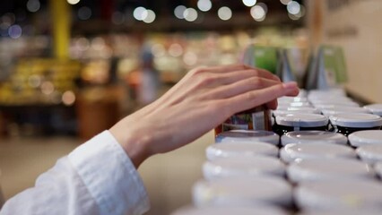 The girl the buyer chooses products in on the shelves of the supermarket. The buyer examines the product of the jar of canned food. Buying artificial food. A hand picks up a product from a store shelf