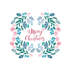 Fototapeta na wymiar Merry Christmas wreath greeting card Template background design with christmas floral wreath. Hand drawn holiday elements. Vector illustration