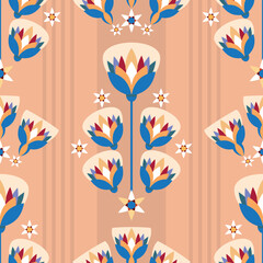 Seamless pattern vector illustration of the Egyptian ancient ornament with a lotus flower, leaves, papyrus, palm tree. Egyptian culture element For wallpaper, wrapping, paper, fabric, background
