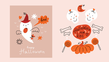 Halloween for kids card  Happy Halloween  festive banner Pumpkin, bat, ghost, skull, star, owl, spider , hat. Vector cartoon illustration background
