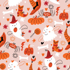Happy Halloween seamless pattern   Pumpkin, bat, ghost, skull, star, owl, spider , hat. Vector cartoon illustration background
