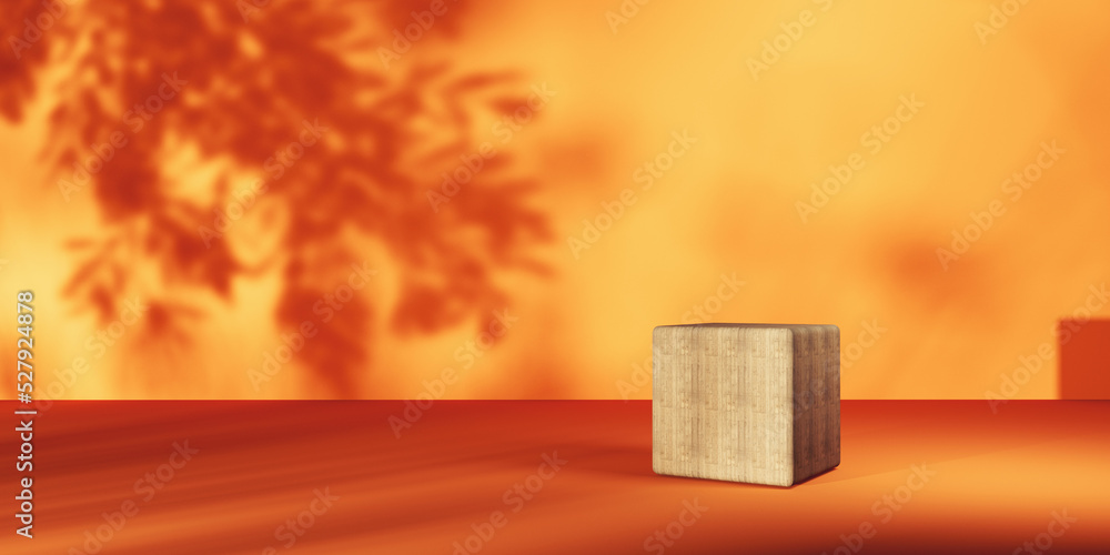 Poster wooden cube blocks in a room with shadow of trees - 3d render
