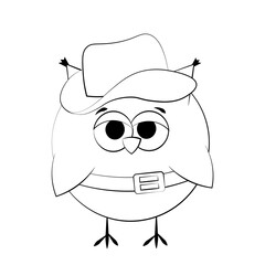 Cute cartoon Owl Cowboy. Draw illustration in black and white