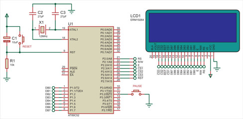 Vector electrical schematic diagram of the graphic display 
which runs under the control of a AT89C52 microcontroller.  Design makes demonstrates how an cpu can be used to drive a lcd display.