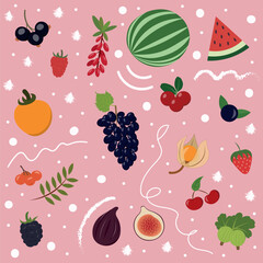 Set of berries in a flat design with doodle elements on the background. Includes various berries such as physalis, persimmon, currant, barberry, cranberry, fig, gooseberry and others.