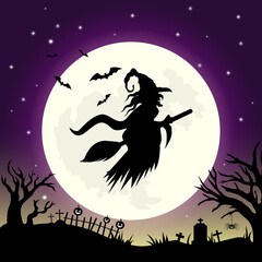 Halloween background with witch and cemetery