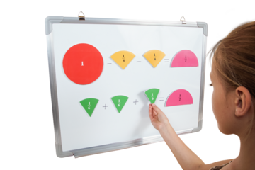 Little preschooler girl on magnetic interactive white borad is studying addition and subtraction in math lesson. Education School Preschool concept.