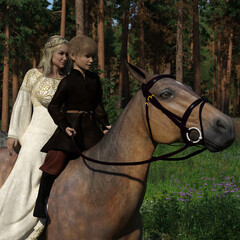 Medieval Mother and Son Riding a Horse in a Forest