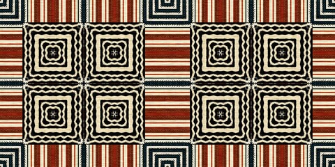 African kente cloth patchwork effect border pattern. Seamless geometric quilt fabric edging trim background. Patched boho rug safari shirt repetitive ribbon endless band.