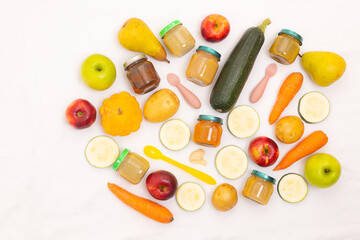 Layout of Puree for baby food with vegetables and fruits. Selective focus. nutrition. The first complementary feeding of the child. A happy child. A well-fed child. Copy space.