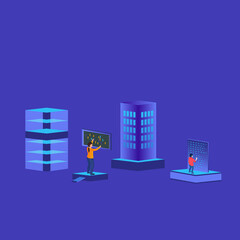 Isometric concept of people working with technology  platforms workflow process design