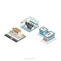 Isometric office buildings set interior elements office workers lawyers