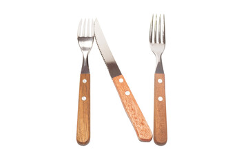 2 forks and 1 knife with wooden handles making the letter N on a white background