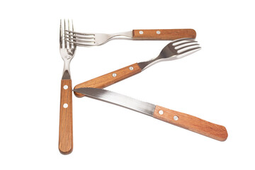 3 forks and 1 knife with wooden handles making the letter R on a white background