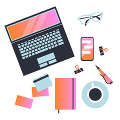 Workspace Vector. Top view of desk, laptop, documents, notepad, planner, coffee, telephone, glasses. Business experience, organization. Workspace, analytics, optimization, management.Flat illustration